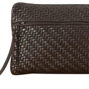 Woven Front Zip Black Lambskin Leather Clutch